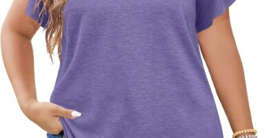 Plus Size Tops for Women Summer Casual V Neck T Shirts Short Ruffle Sleeve Tshirts Loose Fit Tunics Blouses