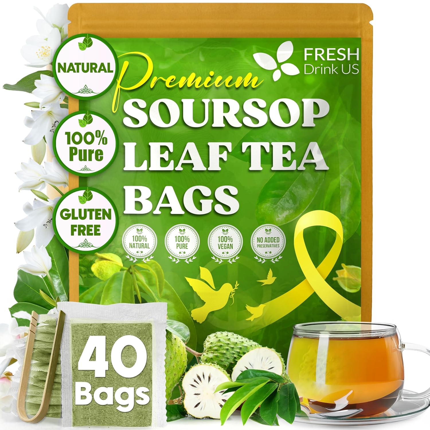 40 Premium Soursop Graviola Leaf Tea Bags, 100% Natural and Pure from Soursop Leaves, Handmade, Made With Natural Materials-Corn Fiber Tea Bag, Sugar/Caffeine/Gluten Free, Hoja Guanabana Tea