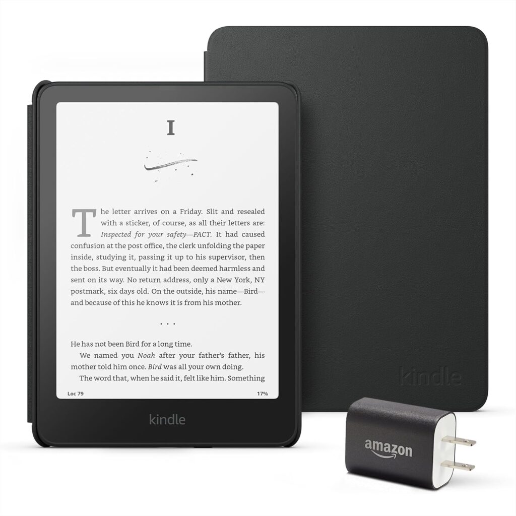 Kindle Paperwhite Essentials Bundle including All-new Kindle Paperwhite (16GB) – Black, Plant-Based Leather Cover – Black, and Power Adapter