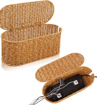 Cable Management Box, Handmade Rattan Cable Organizer, 2 Open Slots Cords Hider Box, Under Desk Cord Organizer for Computer Router USB Hub & Power Strip, Patent Pending, 15.9″ x 6.5″ x 6.5″, Natural