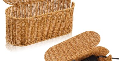 Cable Management Box, Handmade Rattan Cable Organizer, 2 Open Slots Cords Hider Box, Under Desk Cord Organizer for Computer Router USB Hub & Power Strip, Patent Pending, 15.9″ x 6.5″ x 6.5″, Natural