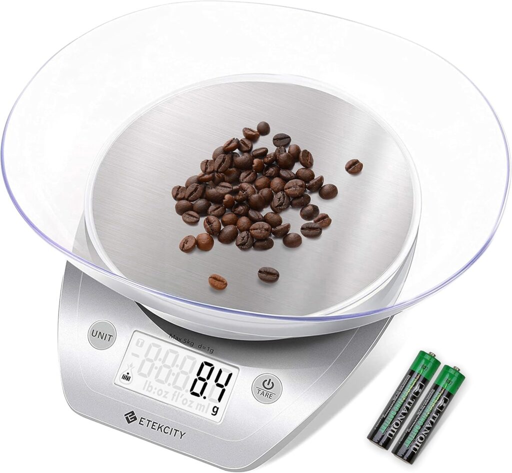 Etekcity 0.1g Food Kitchen Scale, Bowl, Digital Grams and Ounces for Weight Loss, Dieting, Baking, Cooking, and Meal Prep, 11lb/5kg, Stainless Steel Silver