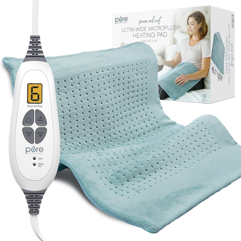 Pure Enrichment PureRelief Ultra-Wide Microplush Heating Pad – 20” x 24” XXL Size & 6 Heat Settings for Temporary Neck, Shoulder & Back Pain Relief – Moist Heat Option & Machine Washable (Sea Glass)