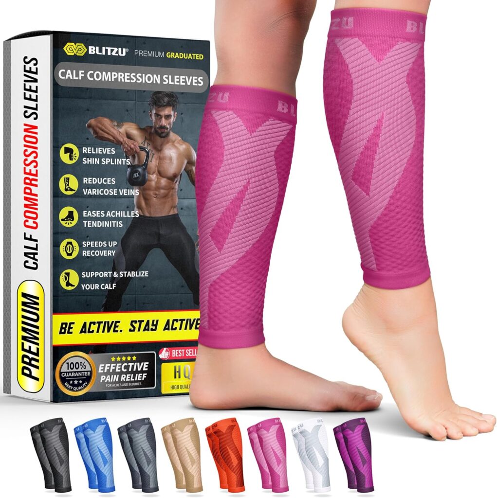 BLITZU Calf Compression Sleeve for Men & Women Footless Compression Socks Support Runners Leg Sleeve Shin Splints Pain Relief