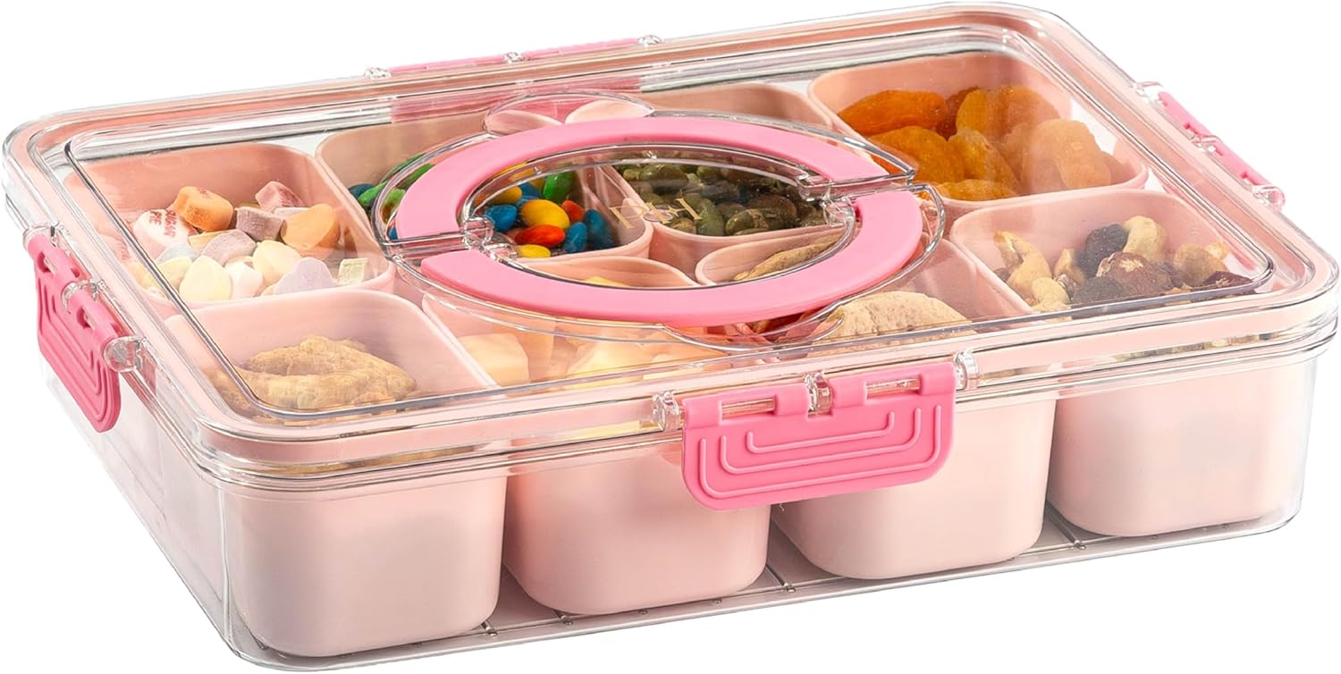 Paris Hilton Snack Box, 8-Compartments in the Container with Snap-On Lid and Carry Handle, Perfect for Entertaining, Snacking & Storage, 8-Ounce Compartments, Pink