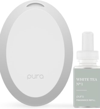 Pura Mini Smart Fragrance Diffuser for Small Spaces Adjustable Smart Home Device with LED Light & Automatic Vial Detection – Includes 1 Scent Refill; White Tea no.1