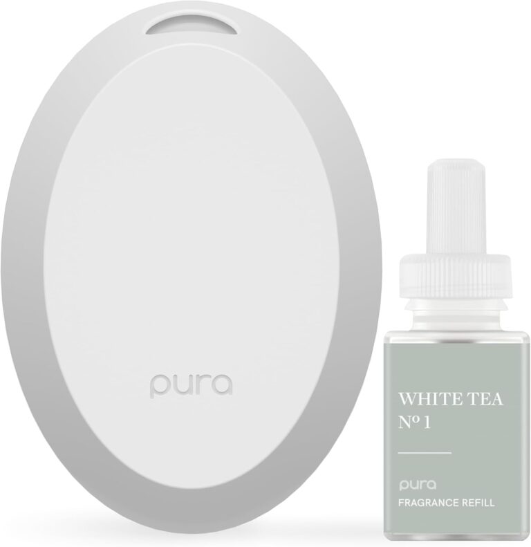 Pura Mini Smart Fragrance Diffuser for Small Spaces Adjustable Smart Home Device with LED Light & Automatic Vial Detection – Includes 1 Scent Refill; White Tea no.1