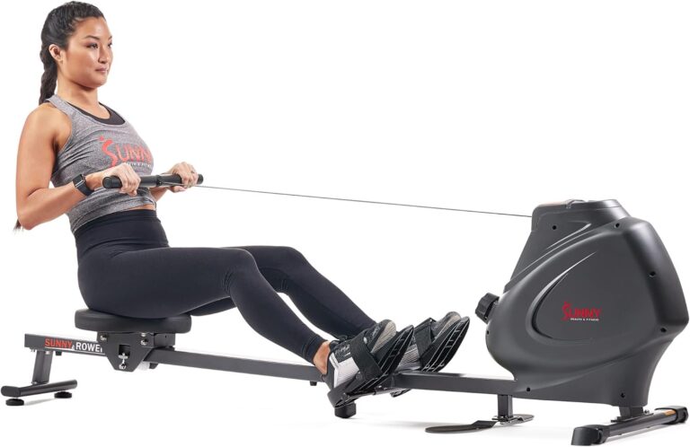 Sunny Health & Fitness Foldable Magnetic Rower, Long Rail & Extended Inseam Range for Home Cardio Workout, Free SunnyFit Training App, Optional Footplate for Standing Exercises