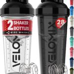 VELOMIX -2 Pack- 28 oz Protein Shaker Bottles for Protein Mixes – 2x Wire Whisk | Leak Proof Shaker Cups for Protein Shakes | Protein Shaker Bottle Pack (Black/Transparent)