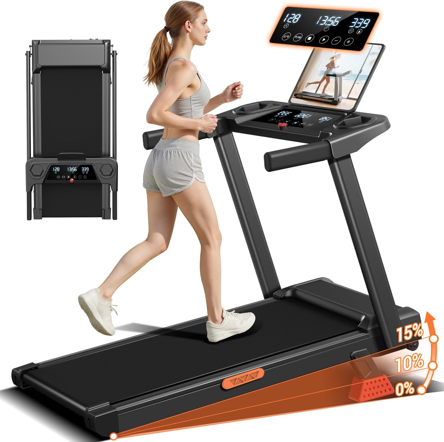 16% Incline Treadmill with Handle, 3-in-1 Portable Treadmills for Home and Office, Foldable Treadmills with 300 Lbs Weight Capacity, 3.0HP Quiet Walking Pad Treadmill, Three Screen