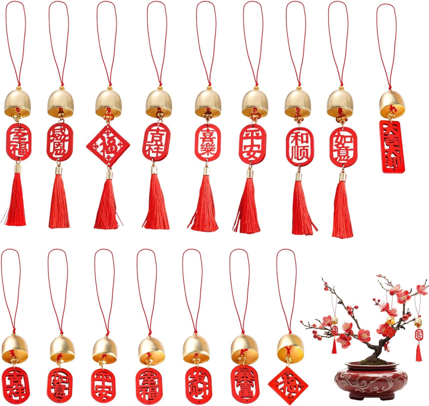 16 Pcs Chinese New Year Decorations 2026 Bell Hang Ornaments with Red Tassel Lunar New Year Decor for Gifts Spring Festival Home Kitchen Bonsai Tree Car Pendant Lucky Wealth Decor