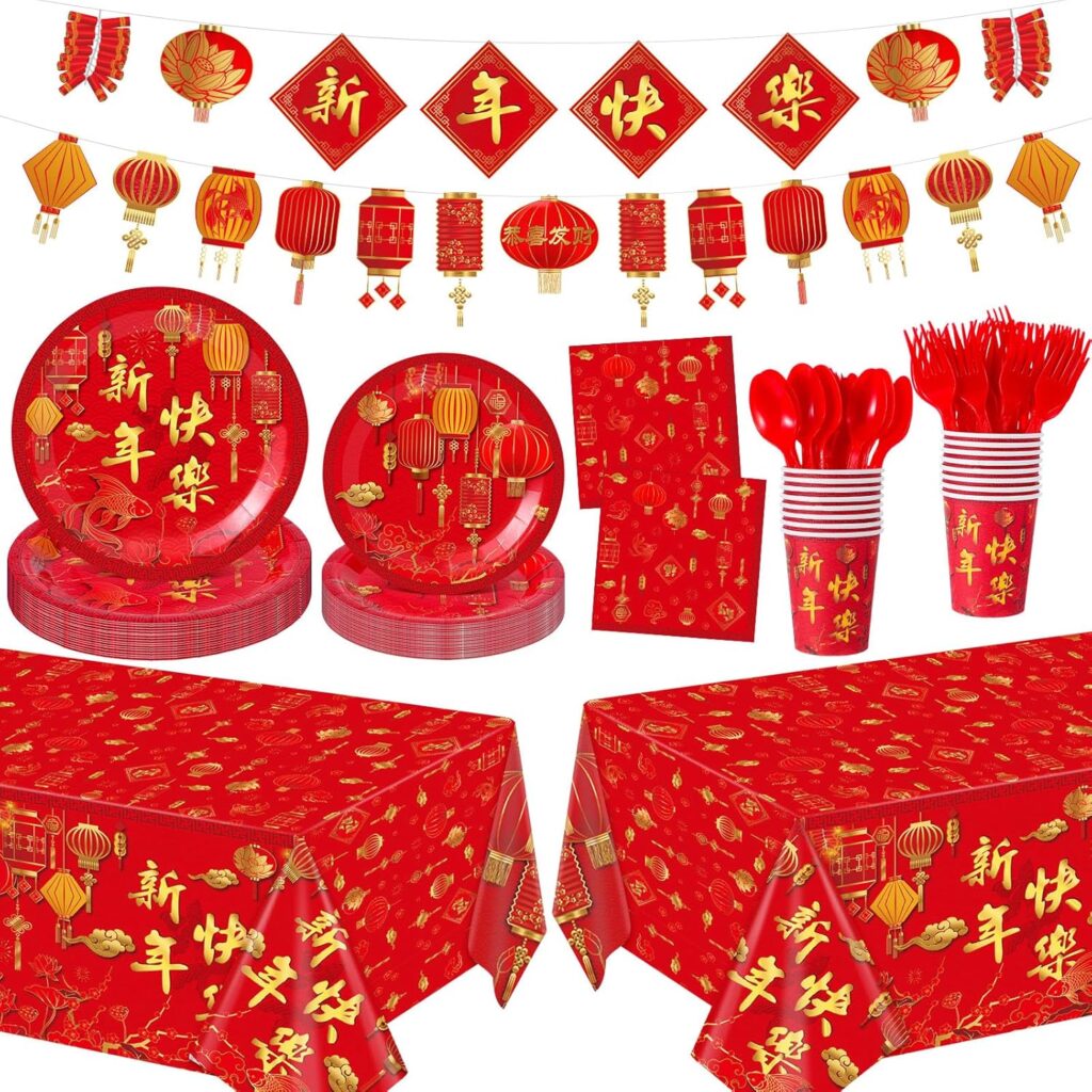 171 Pcs Chinese New Year Party Supplies Kit Serves 24 Includes Banner Plates Cups Napkins Tablecloths Knives Forks and Spoons Disposable Tableware Set Lunar Year Spring Festival Decoration