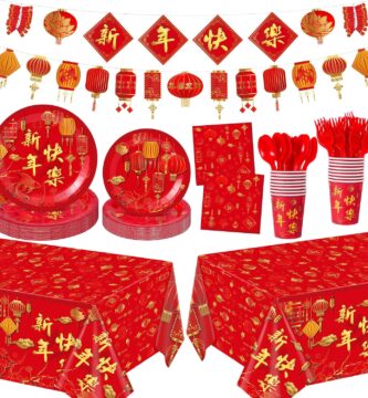 171 Pcs Chinese New Year Party Supplies Kit Serves 24 Includes Banner Plates Cups Napkins Tablecloths Knives Forks and Spoons Disposable Tableware Set Lunar Year Spring Festival Decoration