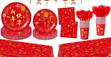 171 Pcs Chinese New Year Party Supplies Kit Serves 24 Includes Banner Plates Cups Napkins Tablecloths Knives Forks and Spoons Disposable Tableware Set Lunar Year Spring Festival Decoration