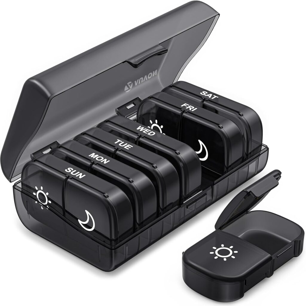 AUVON XL Weekly Pill Organizer 2 Times a Day, Pill Box 7 Day with One-Side Large Openings for Easy to Use, Black Privacy Protection AM PM Pill Case for Medication, Vitamins, Fish Oils, Supplements AUVON XL Weekly Pill Organizer 2 Times a Day, Pill Box 7 Day with One-Side Large Openings for Easy to Use, Black Privacy Protection AM PM Pill Case for Medication, Vitamins, Fish Oils, Supplements