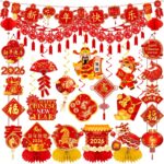 Chinese New Year Decorations 2026, Lunar New Year Decor Kit include Red New Year Banner,Honeycomb,Spring Festival Hanging Swirls,2026 Wall Hanging Banner,Chinese Knot Tassel for Horse Year Decor