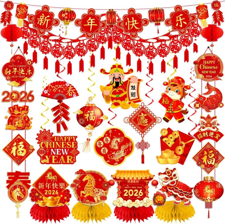 Chinese New Year Decorations 2026, Lunar New Year Decor Kit include Red New Year Banner,Honeycomb,Spring Festival Hanging Swirls,2026 Wall Hanging Banner,Chinese Knot Tassel for Horse Year Decor