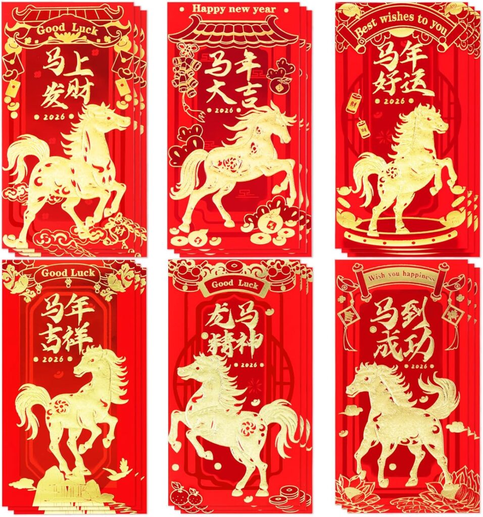 Chinese New Year Red Envelopes, Lunar New Year Envelopes Decorations Chinese New Year Gifts, Year of the Horse New Years Eve Party Supplies 2026 Red Packet with 6 Gold Embossed Patterns – 18 Pcs