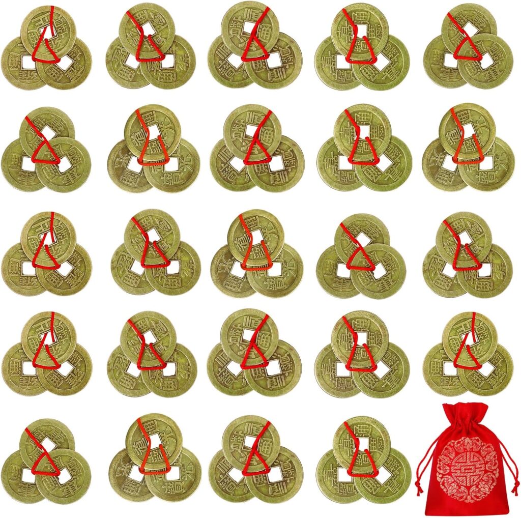 Coopay 24 Pcs Chinese Fortune Coins Feng Shui I Ching Coins with Red String & Lucky Pouch for Wealth and Success, Traditional Brass Coins Charms Hanging Pendant for Chinese New Year Decor (6 Styles)