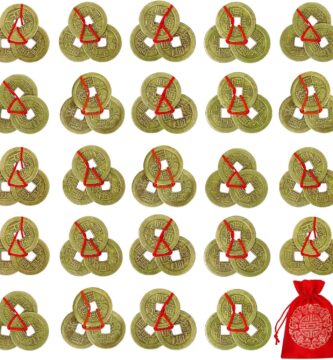 Coopay 24 Pcs Chinese Fortune Coins Feng Shui I Ching Coins with Red String & Lucky Pouch for Wealth and Success, Traditional Brass Coins Charms Hanging Pendant for Chinese New Year Decor (6 Styles)