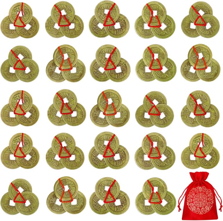 Coopay 24 Pcs Chinese Fortune Coins Feng Shui I Ching Coins with Red String & Lucky Pouch for Wealth and Success, Traditional Brass Coins Charms Hanging Pendant for Chinese New Year Decor (6 Styles)