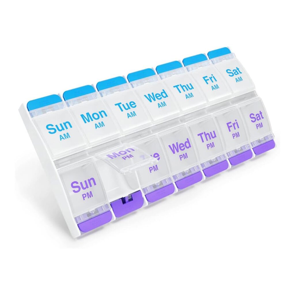 EZY DOSE Push Button (7-Day) Pill Case, Medicine Planner, Daily Vitamin Organizer, 2 Times a Day AM/PM, X-Large Compartments, Arthritis Friendly, Easy to use, Clear Lids, Purple and Blue, BPA Free