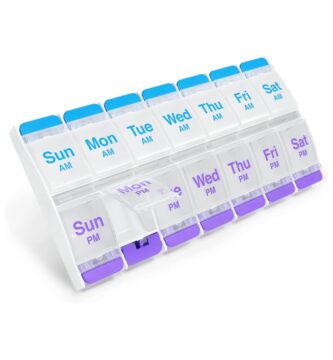 EZY DOSE Push Button (7-Day) Pill Case, Medicine Planner, Daily Vitamin Organizer, 2 Times a Day AM/PM, X-Large Compartments, Arthritis Friendly, Easy to use, Clear Lids, Purple and Blue, BPA Free
