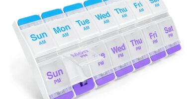 EZY DOSE Push Button (7-Day) Pill Case, Medicine Planner, Daily Vitamin Organizer, 2 Times a Day AM/PM, X-Large Compartments, Arthritis Friendly, Easy to use, Clear Lids, Purple and Blue, BPA Free EZY DOSE Push Button (7-Day) Pill Case, Medicine Planner, Daily Vitamin Organizer, 2 Times a Day AM/PM, X-Large Compartments, Arthritis Friendly, Easy to use, Clear Lids, Purple and Blue, BPA Free