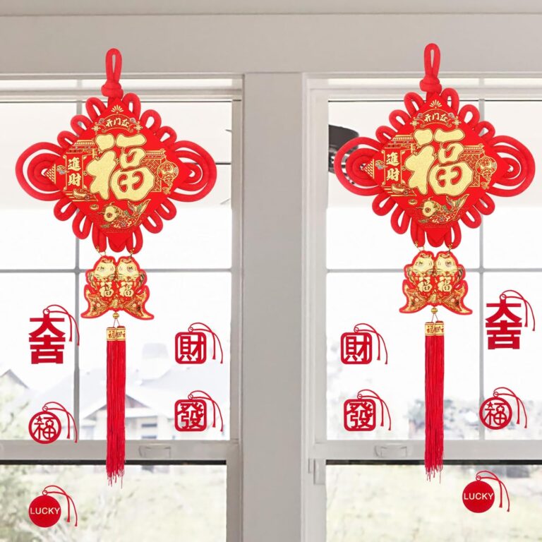 Large Chinese Knot – 2026 Chinese New Year Hanging Decorations – Red Fu Character 3D Double Fish Charm with Tassel – Lunar New Year Horse Spring Festival Party Ornament Decor 16in Wide