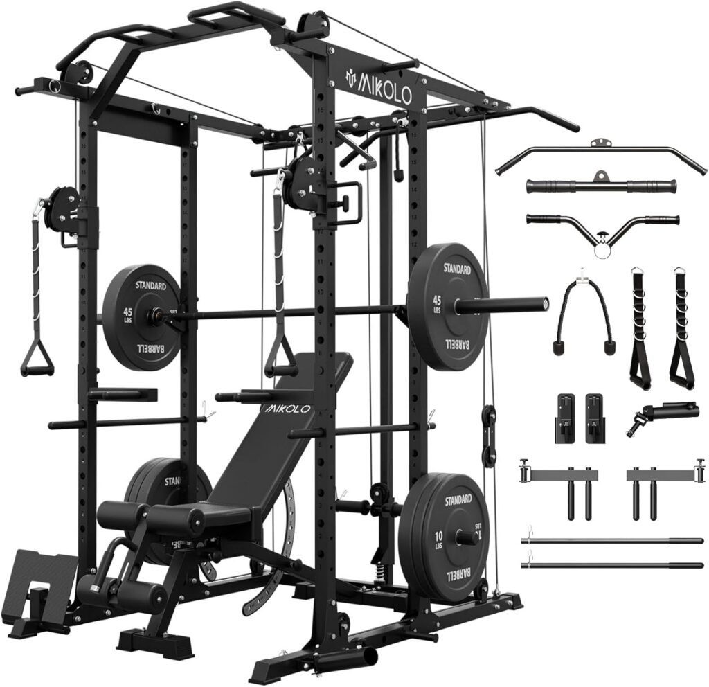 Mikolo Power Cage, Power Rack with Cable Crossover System, 1500LBS Squat Rack with LAT Pull Down System, Workout Cage with Pulley System for Fitness Home Gym