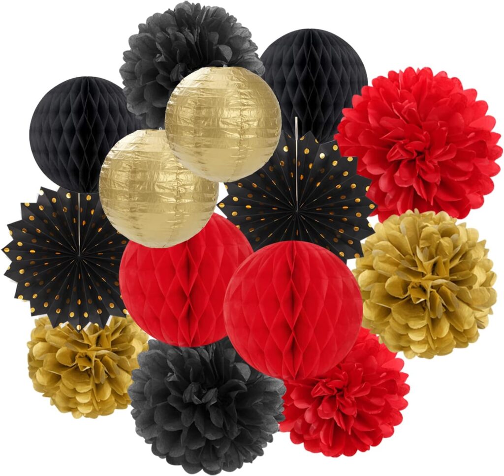 Red-Black Gold Party Decorations Streamers Lanterns – 14pcs Casino-Theme Graduation 2026 Paper Fan,Game Night Wedding Birthday Baby Bridal Shower Tissue Pom Poms,Honeycomb Balls Decor Ouruola
