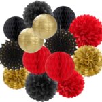 Red-Black Gold Party Decorations Streamers Lanterns – 14pcs Casino-Theme Graduation 2026 Paper Fan,Game Night Wedding Birthday Baby Bridal Shower Tissue Pom Poms,Honeycomb Balls Decor Ouruola