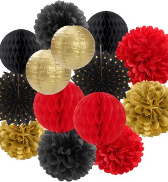 Red-Black Gold Party Decorations Streamers Lanterns – 14pcs Casino-Theme Graduation 2026 Paper Fan,Game Night Wedding Birthday Baby Bridal Shower Tissue Pom Poms,Honeycomb Balls Decor Ouruola