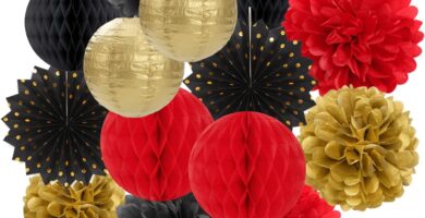 Red-Black Gold Party Decorations Streamers Lanterns – 14pcs Casino-Theme Graduation 2026 Paper Fan,Game Night Wedding Birthday Baby Bridal Shower Tissue Pom Poms,Honeycomb Balls Decor Ouruola