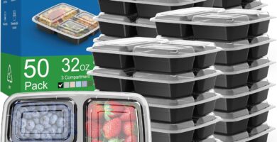 50 Pack (100-Piece) 32 oz Meal Prep Containers Reusable with Lids 3-Compartment, To Go Take Out Plastic Food Storage Containers, Sturdy Leakproof Food Safe, Microwave Freezer Dishwasher Safe, Black