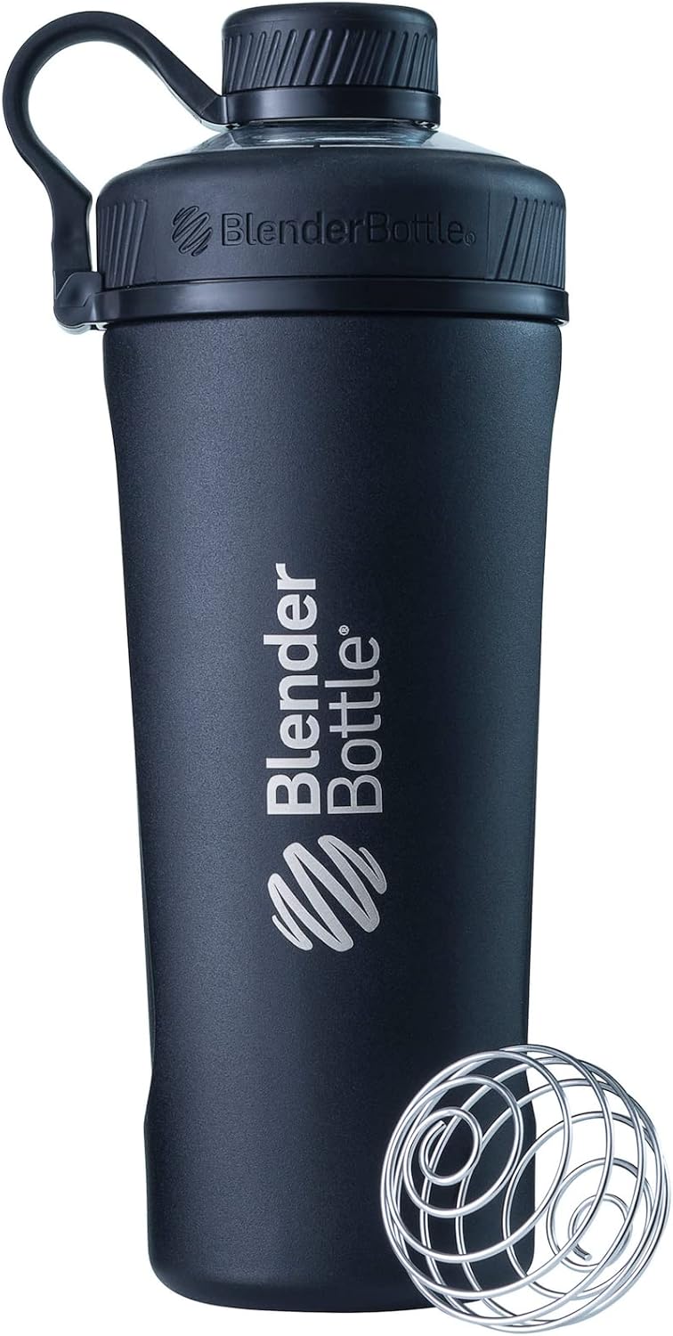 BlenderBottle Radian Shaker Cup Insulated Stainless Steel Water Bottle with Wire Whisk, 26-Ounce, Matte Black