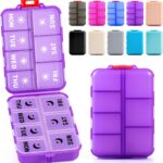 Foldable & Portable Weekly Pill Organizer 2 Times a Day with Clear Printed Labels​ – 7 Day AM PM Medicine Box, Week Daily Travel Pill Case Holder for Medications, Vitamin, Supplement – Clear Purple