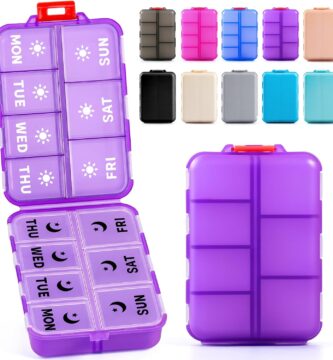 Foldable & Portable Weekly Pill Organizer 2 Times a Day with Clear Printed Labels​ – 7 Day AM PM Medicine Box, Week Daily Travel Pill Case Holder for Medications, Vitamin, Supplement – Clear Purple