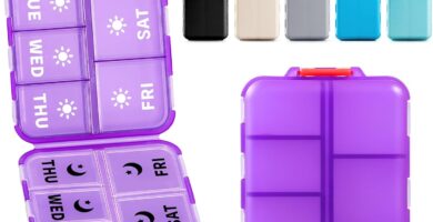 Foldable & Portable Weekly Pill Organizer 2 Times a Day with Clear Printed Labels​ – 7 Day AM PM Medicine Box, Week Daily Travel Pill Case Holder for Medications, Vitamin, Supplement – Clear Purple