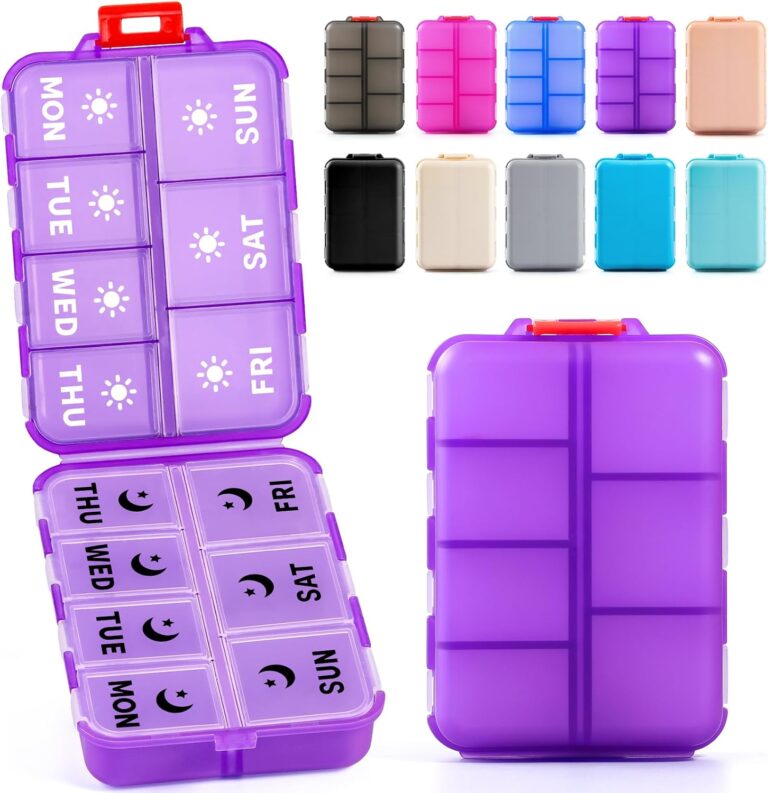 Foldable & Portable Weekly Pill Organizer 2 Times a Day with Clear Printed Labels​ – 7 Day AM PM Medicine Box, Week Daily Travel Pill Case Holder for Medications, Vitamin, Supplement – Clear Purple