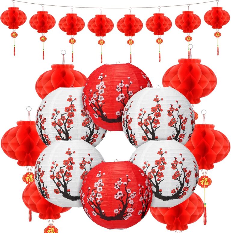 Fumete 20 Pcs 12″ Chinese Japanese Paper Lanterns and 8″ Red Lanterns Hibachi Party Decorations Cherry Blossom Japanese Home Restaurant Hanging Decorations Asian Theme Party Supplies(Red, White)