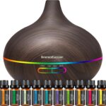 InnoGear Aromatherapy Diffuser & 10 Essential Oils Set, 400ml Diffuser Ultrasonic Diffuser Cool Mist Humidifier with 4 Timers 7 Colors Light Waterless Auto Off for Valentine’s Gift, Dark Wood Grain