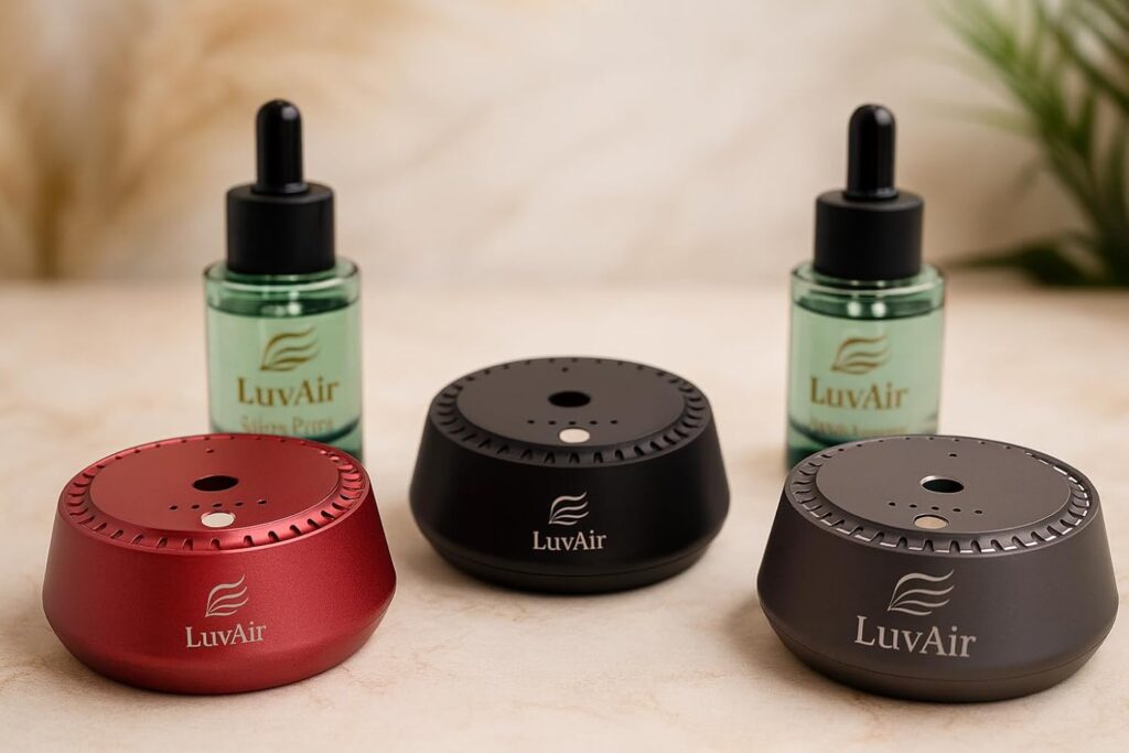 LuvAir Smart waterless car Aroma Diffuser Set, Adjustable Ultra Sonic-Mist Technology, Rechargeable, 100% Natural Fragrance, Aromatherapy Oil Scent Included (Red, Peach Lumiere)