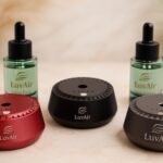 LuvAir Smart waterless car Aroma Diffuser Set, Adjustable Ultra Sonic-Mist Technology, Rechargeable, 100% Natural Fragrance, Aromatherapy Oil Scent Included (Red, Peach Lumiere)