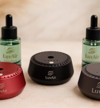LuvAir Smart waterless car Aroma Diffuser Set, Adjustable Ultra Sonic-Mist Technology, Rechargeable, 100% Natural Fragrance, Aromatherapy Oil Scent Included (Red, Peach Lumiere)