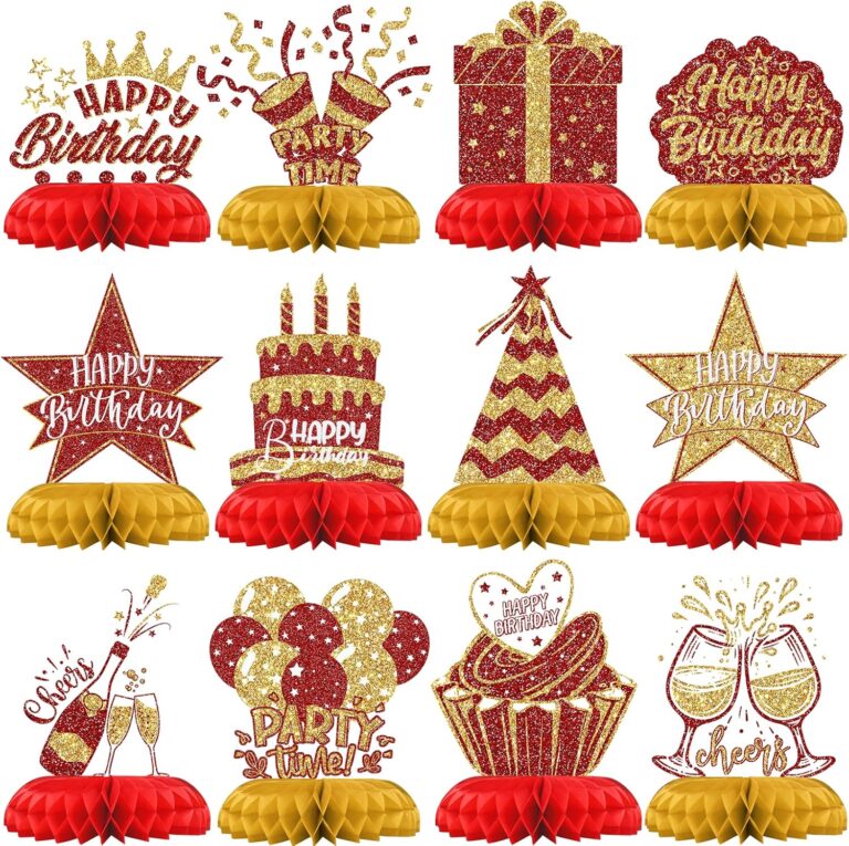 Red and Gold Birthday Decorations – 12PCS Honeycomb Table Centerpieces for Men Women Adults – Happy Birthday Table Decor Party Supplies