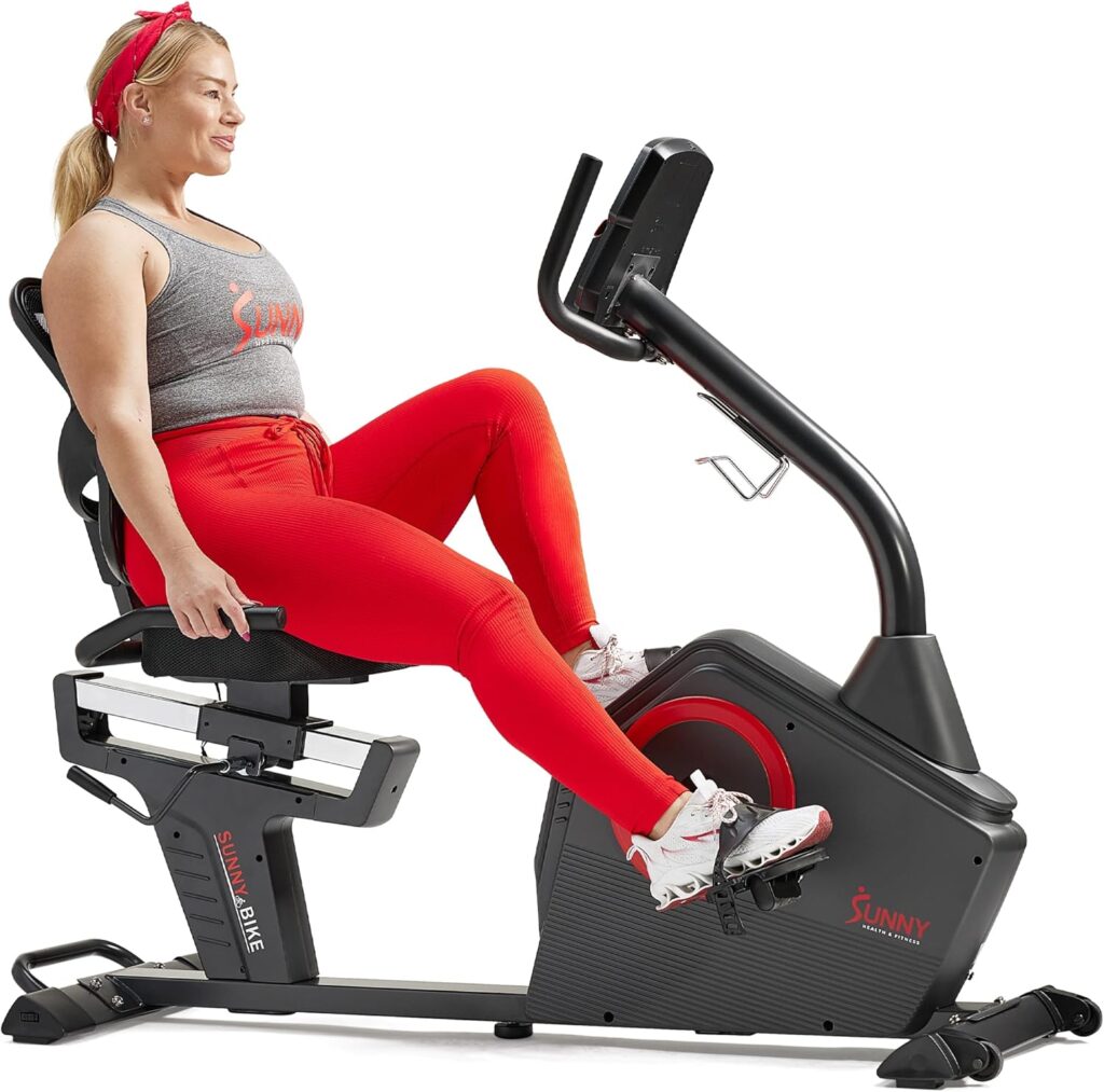 Sunny Health & Fitness Programmable Electro-Magnetic Resistance Recumbent Exercise Bike with 16 Levels of Resistance, 300 lbs Weight Capacity, and Bluetooth Connectivity with Exclusive SunnyFit™ App – SF-RB4850SMART