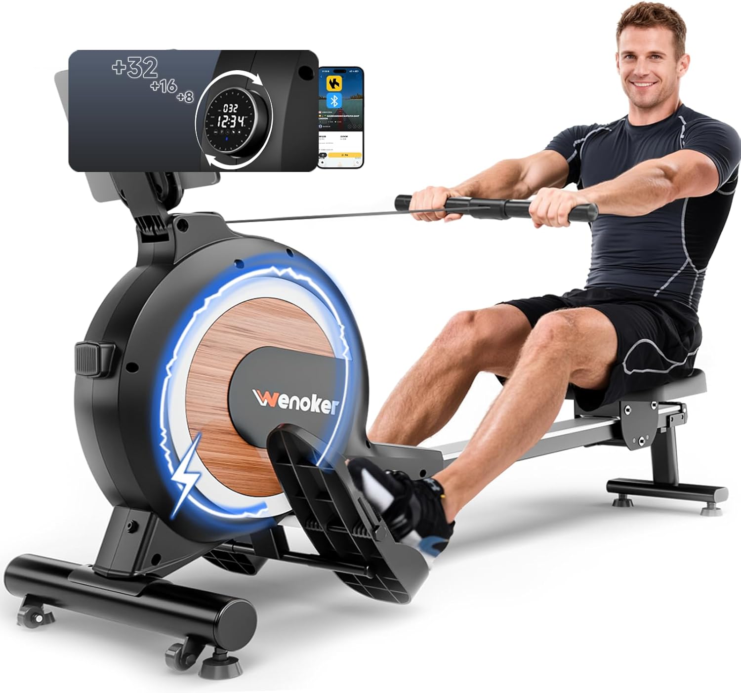 WENOKER Rowing Machine, Magnetic Rowing Machine for Home, Upgraded 32-Levels Resistance with Smart Electronic Knob, 350 LBS Weight Capacity, Compact Rower Machine Easy Assembly, App Supported