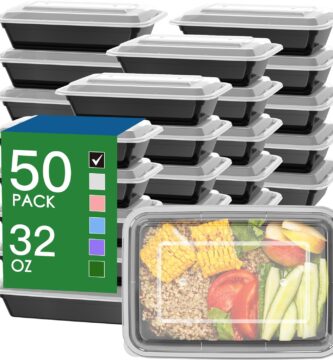 50 Pack (100-Piece) 32 oz Meal Prep Containers Reusable with Easy Open Lids, Sturdy Leakproof Food Safe, Microwave Freezer Dishwasher Safe, To Go Take Out Plastic Food Storage Pans with Lids, Black