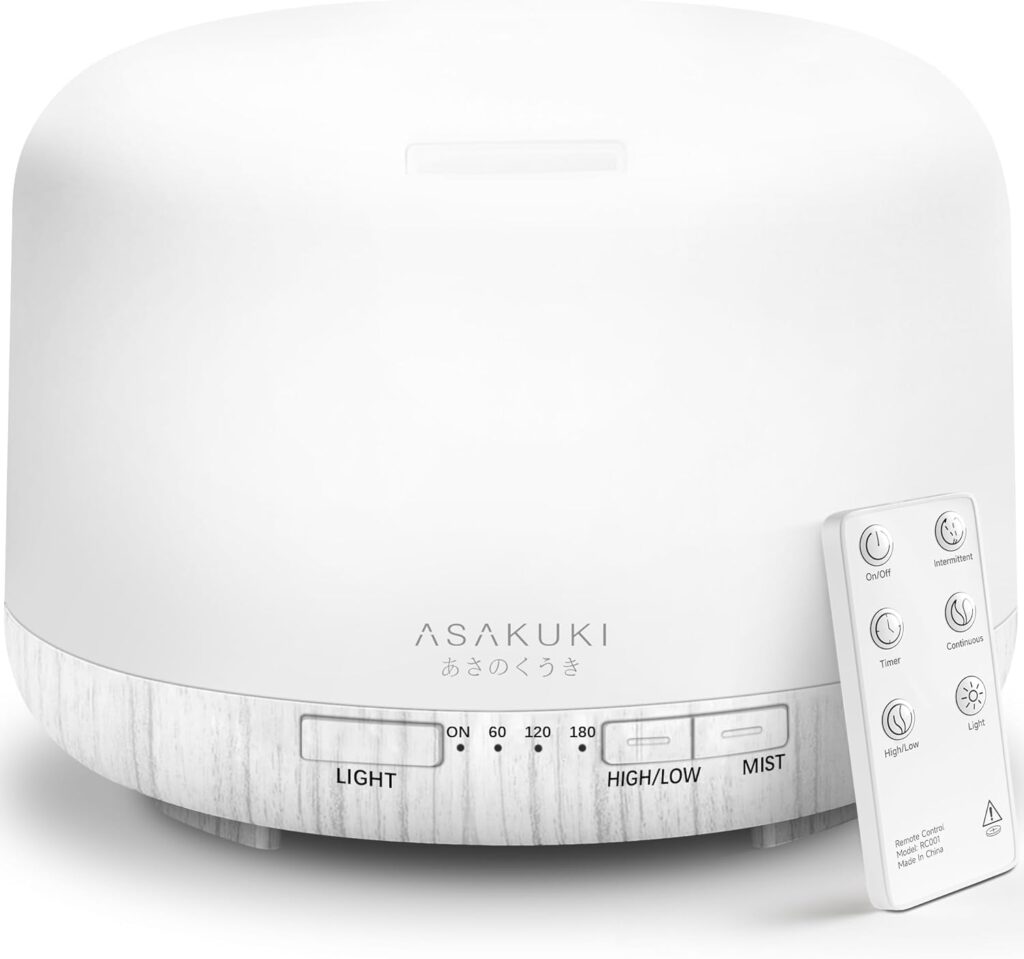 ASAKUKI Essential Oil Diffuser for Home, 500ML Aromatherapy Diffuser Humidifier with Remote Control, 7 Color LED Lights, Quiet Cool Mist Diffuser for Bedroom, Living Room, Office (White)